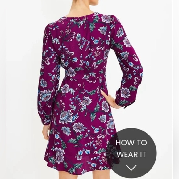 LOFT Purple Floral Long Sleeve Ruffle Hem Dress - size 0 - Picture 4 of 12